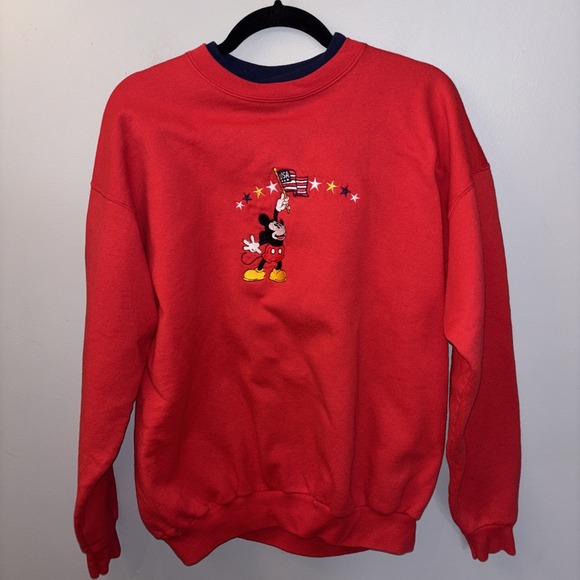 Vintage Embroidered USA Flag Mickey Mouse Red Disney Crewneck Sweatshirt Sz L - Picture 1 of 9